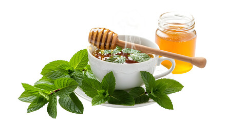 A soothing cup of herbal tea infused with fresh mint and a swirl of golden honey, perfect for relaxation.
