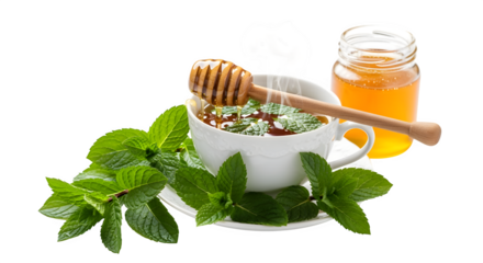 A soothing cup of herbal tea infused with fresh mint and a swirl of golden honey, perfect for relaxation.