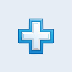 Obraz premium A glossy blue and white three-dimensional plus sign icon, rendered with highlights and shadows on a light blue background.