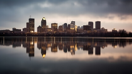 Naklejka premium Dusk descends upon the city skyline, reflecting beautifully in the tranquil waters below