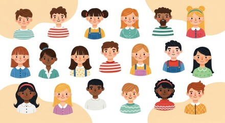 Naklejka premium Collection of diverse cartoon childrens faces in a grid format