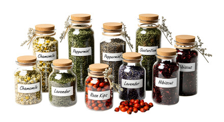A collection of small glass jars filled with dried herbs and berries, offering a glimpse into natural remedies and aromatherapy.