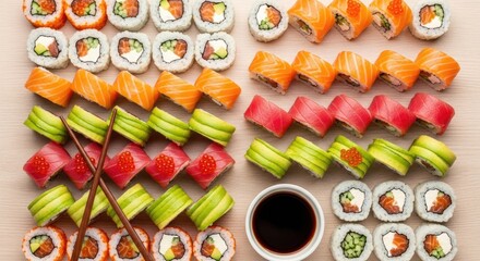 Abundant Assortment of Fresh Sushi Rolls and Nigiri with Soy Sauce