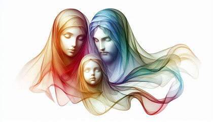 Abstract Holy Family represented by soft silk floating gently in the background. Christmas time