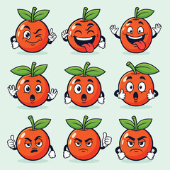 A collection of expressive cartoon orange fruit characters with various emotions and gestures.