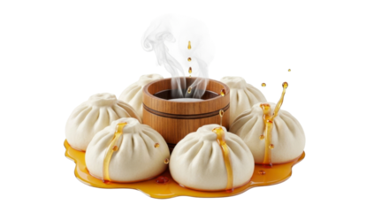 Delicious steaming dumplings with savory sauce, offering a taste of authentic Asian cuisine, perfect for food blogging and restaurant promotions now