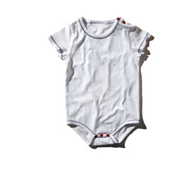 White baby onesie with blue trim and red buttons highlights simple design on isolated background.