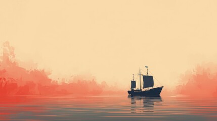 Stylized Modern Anime Background of a Tranquil Ship Scene with Warm Red and Beige Tones, Artistic Brushstroke Texture, Soft Gradients, and Cinematic Minimalist Atmosphere for Poster Design