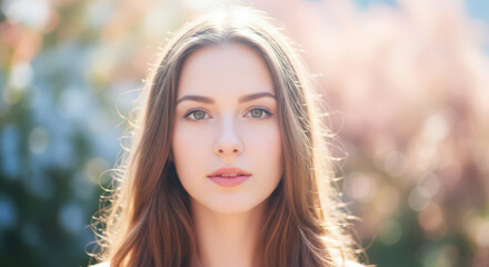 Naklejka premium Portrait of a Beautiful Young Woman with Brown Hair and Green Eyes in a Natural Outdoor Setting with Soft Lighting and a Blurred Floral Background for Lifestyle Content