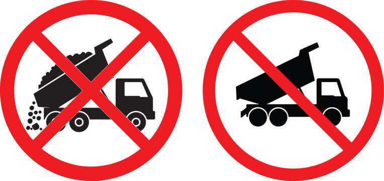 Two red prohibition signs with dump truck silhouettes silhouette