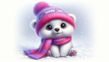 Cute 3D adorable cartoon bear in a snowy landscape