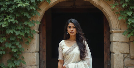 Ai generated image of a beautiful indian bride in a shimmering white saree stands gracefully in a sunlit garden