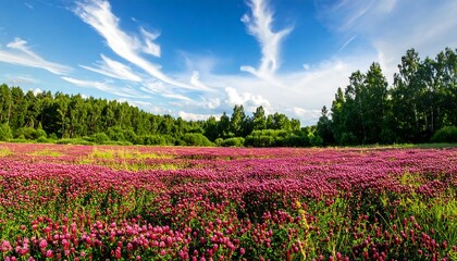 Lush field of pink clover under a vibrant sky