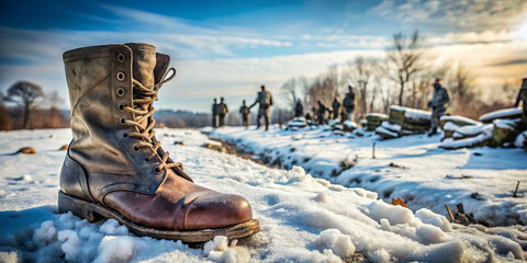 A worn leather boot rests on the snowy ground while soldiers participate in a training exercise under a clear blue sky. The scene captures a moment of winter activity in a military setting