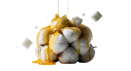 Luxurious golden honey cascades over fluffy cotton bolls with sugar cubes, creating a sweet, indulgent sensory experience for gourmet and wellness brands.