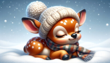 Funny 3D adorable cartoon deer sleeping in a snowy landscape