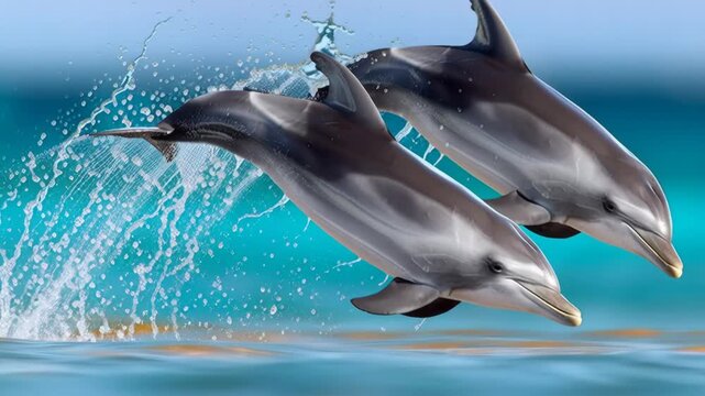 Two dolphins gracefully leap from the ocean surface, creating splashes of water, showcasing their agility and playfulness in a vibrant aquatic environment, capturing the essence of marine life in moti