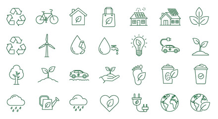 Eco-Friendly Living Icons Collection for Sustainable Business Initiatives and Environmental Awareness Campaigns, Promoting Green Energy and Conservation Efforts