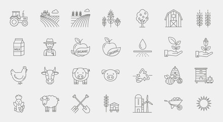 Explore a charming collection of agriculture icons, perfect for illustrating sustainable farming, local food movements, and organic produce in your next design