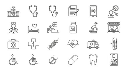 Modern health and medical icons for your telehealth, hospital, and clinic design projects, including doctor, telemedicine, ambulance, and patient care