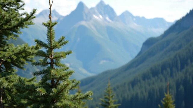 Evergreen fir trees with cones, peaks of French Alps mountains