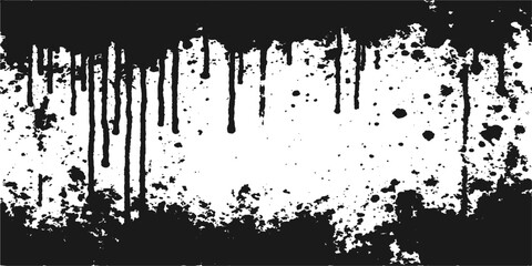 Abstract black grunge paint splatter texture with a dirty liquid ink splat border on a dark background