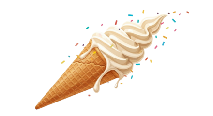 Indulge in creamy vanilla soft serve ice cream cone with colorful sprinkles, a perfect summer treat for any occasion.