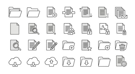 Streamlined file management icons for a modern interface, perfect for web design, app development, and professional presentations of technology solutions