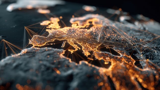 Futuristic Digital Network Over a Luminous Map of Europe with City Lights