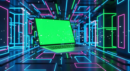 Futuristic laptop with green screen floating in a neon-lit digital tunnel with glowing geometric shapes, ideal for virtual reality or cyberspace concepts.