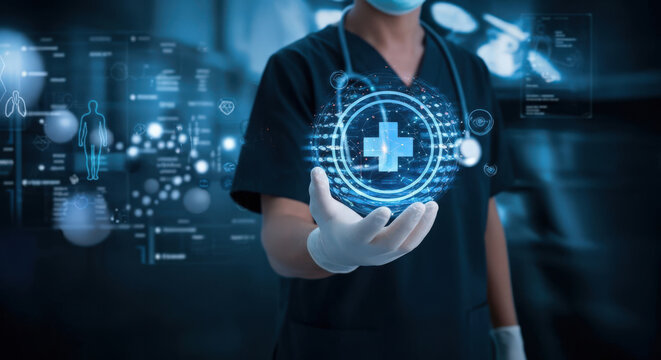 Healthcare Technology Innovation Doctor Holding a Digital Globe with Medical Icons Representing Advancements in Medicine and Patient Care Solutions - Powered by Adobe