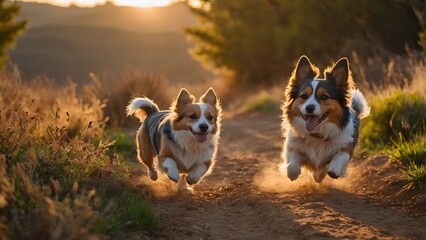 Happy Corgis Running Outdoors at Sunset.