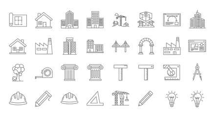 Modern architecture and construction line icons for professional design projects, including buildings, blueprints, tools, and creative elements