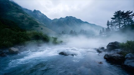 Obraz premium Misty river flowing through a verdant mountain valley in atmospheric haze