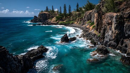 Obraz premium Stunning Turquoise Ocean Waves Crashing Against Volcanic Cliffs, Scenic Coastline