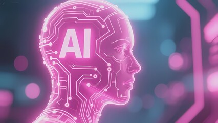 Digital human head with AI circuitry and glowing neural pathways