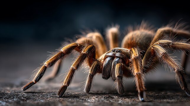 Close-up of a hairy brown tarantula spider on dark background, detailed macro photography