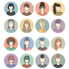 A diverse collection of colorful circular icons featuring faceless male and female cartoon avatars with various hairstyles.