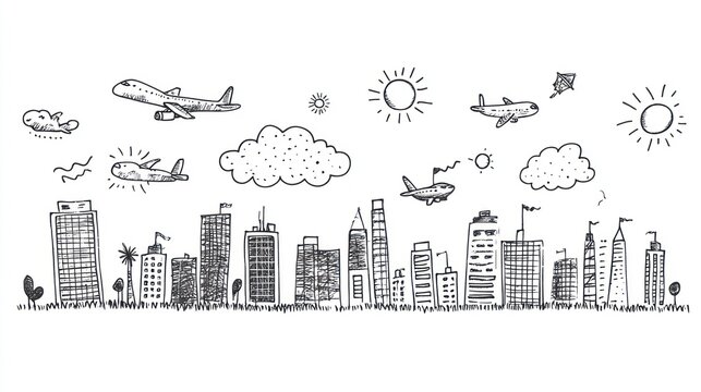 Hand drawn cityscape with planes