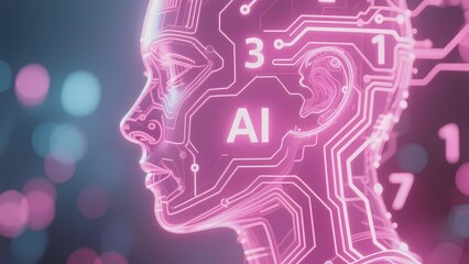 Digital human head with AI circuitry and glowing neural pathways