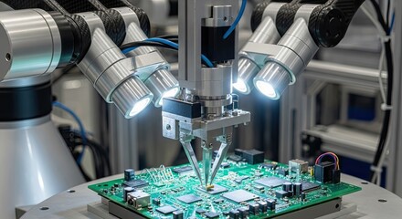 Automated PCB Assembly: Robotic Arm Precision Placement with Bright LED Illumination