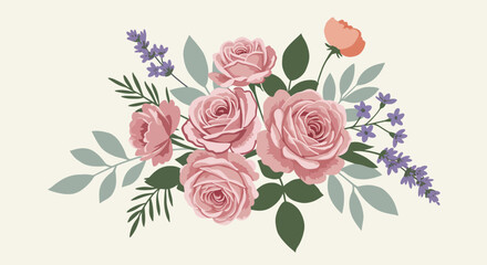 Beautiful vector illustration of a romantic floral bouquet featuring pink and red roses, green leaves, lavender flowers, and a small orange blossom.