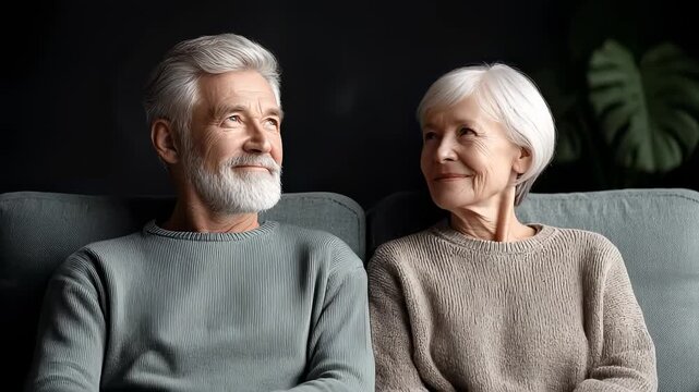 Silver-haired couple resting on sofa, looking forward to a bright future