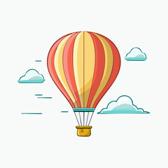 Naklejka premium Illustration of a colorful hot air balloon floating in the sky with fluffy clouds around it.