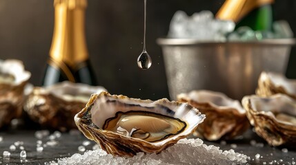 Oysters champagne premium dining experience with elegant droplet falling onto fresh raw oyster on crushed ice at luxury restaurant setting