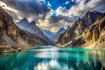 The turquoise waters of borith lake reflect the majestic passu cones, creating a breathtaking scene in gojal, upper hunza, gilgitbaltistan, pakistan
