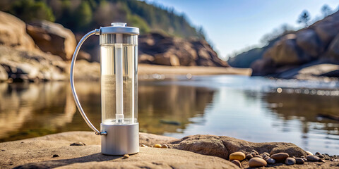 A sleek water filtration device rests on smooth rocks beside a calm river surrounded by lush green trees under a clear blue sky. The sun is shining brightly