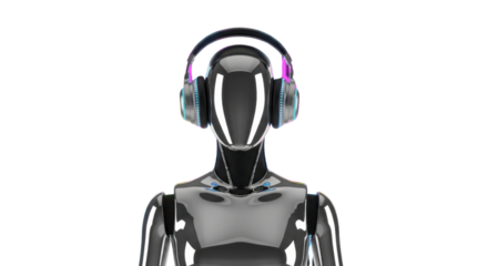 Futuristic robot with headphones, a modern AI concept for music lovers and advanced technology applications, showcasing digital creativity and sleek design