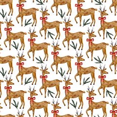 Seamless pattern with deer wearing red bows for christmas design, watercolor background.