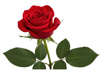 Fototapeta premium Single red rose bloom with green leaves and stem isolated on transparent background